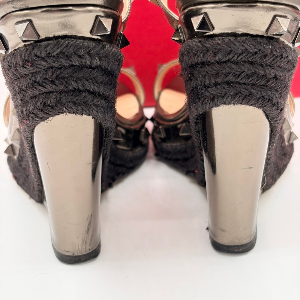 Valentino Rockstud Wedge Sandals 39.5 Gunmetal Metallic Espadrille Heels Box Bag - Picture 7 of 10